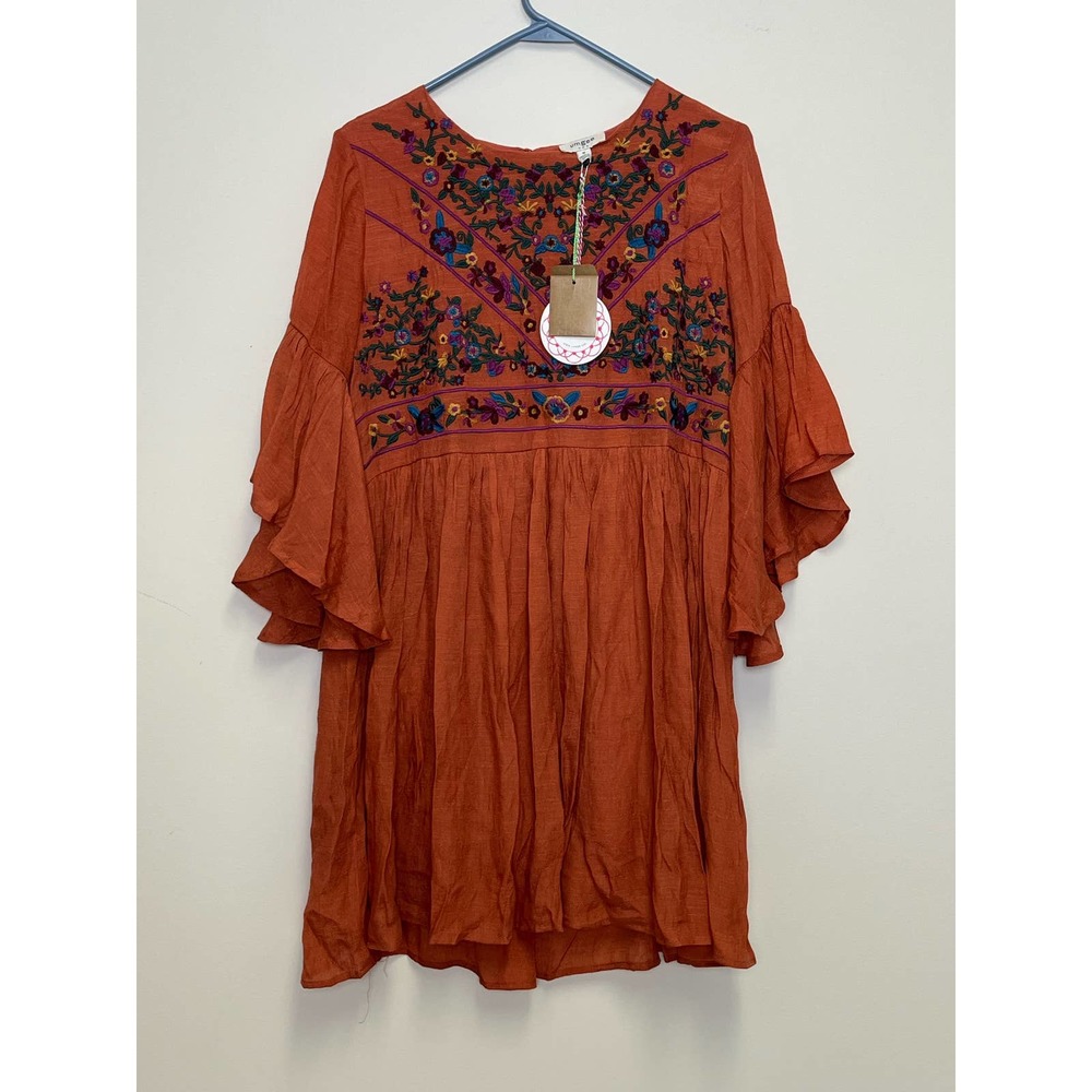 Umgee Boho Bliss Embroidered Bell Sleeve Keyhole Back Orange Dress Medium